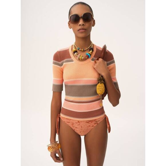 Chloe Tops - Chloe Ribbed Knit Top in Multicolor Orange M